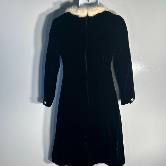 Vintage Carlye SZ12 Black Velveteen Fur Trim Dress 60's Old Hollywood Glam 50's - Picture 6 of 9
